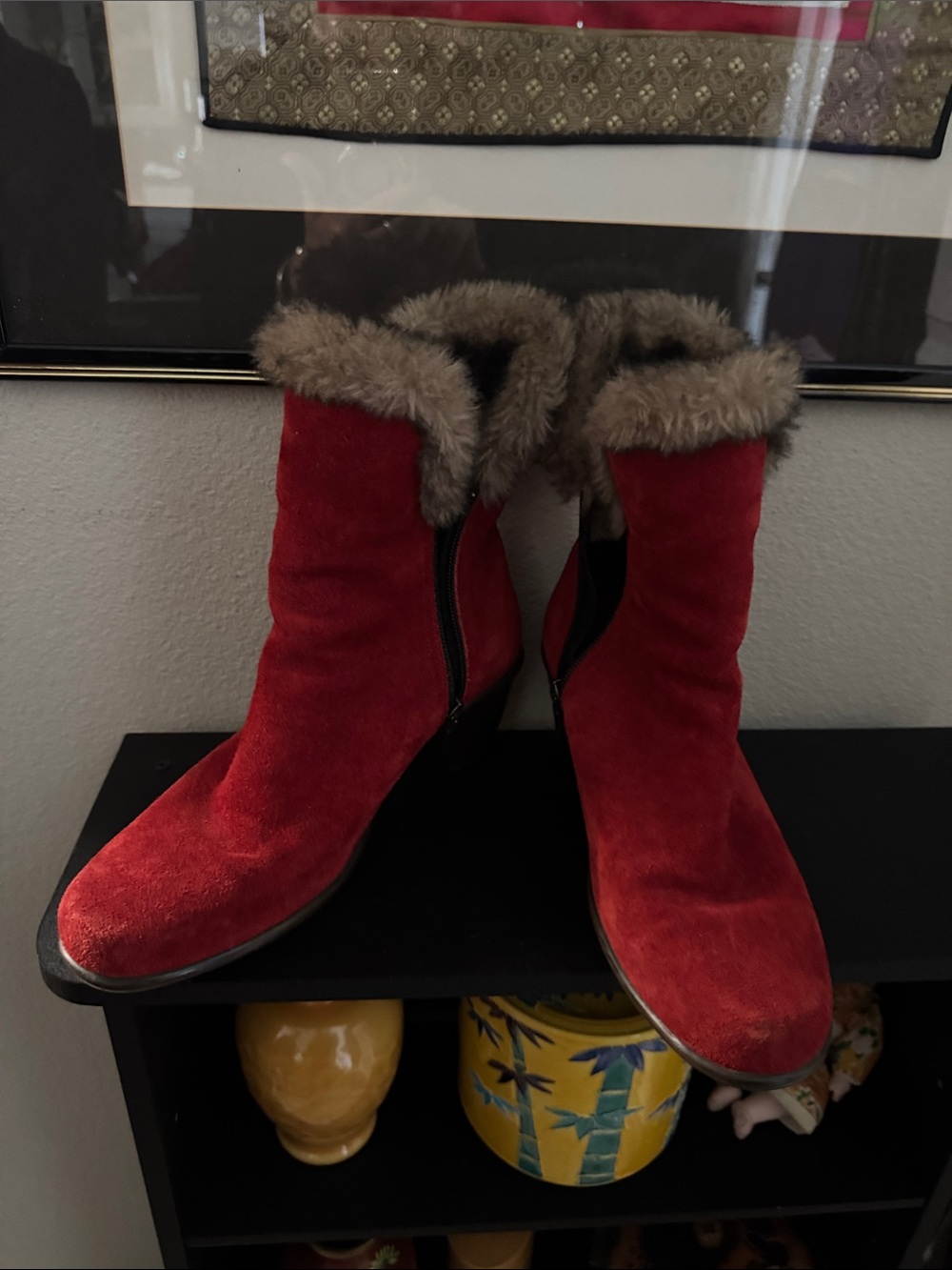 Dansko Red Suede Fur-Trim Ankle Boots